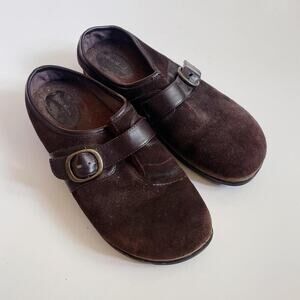 Brown suede clogs